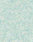 Botanical-inspired wallpaper with an intricate pattern of overlapping leaves in a soft blue and neutral color palette.