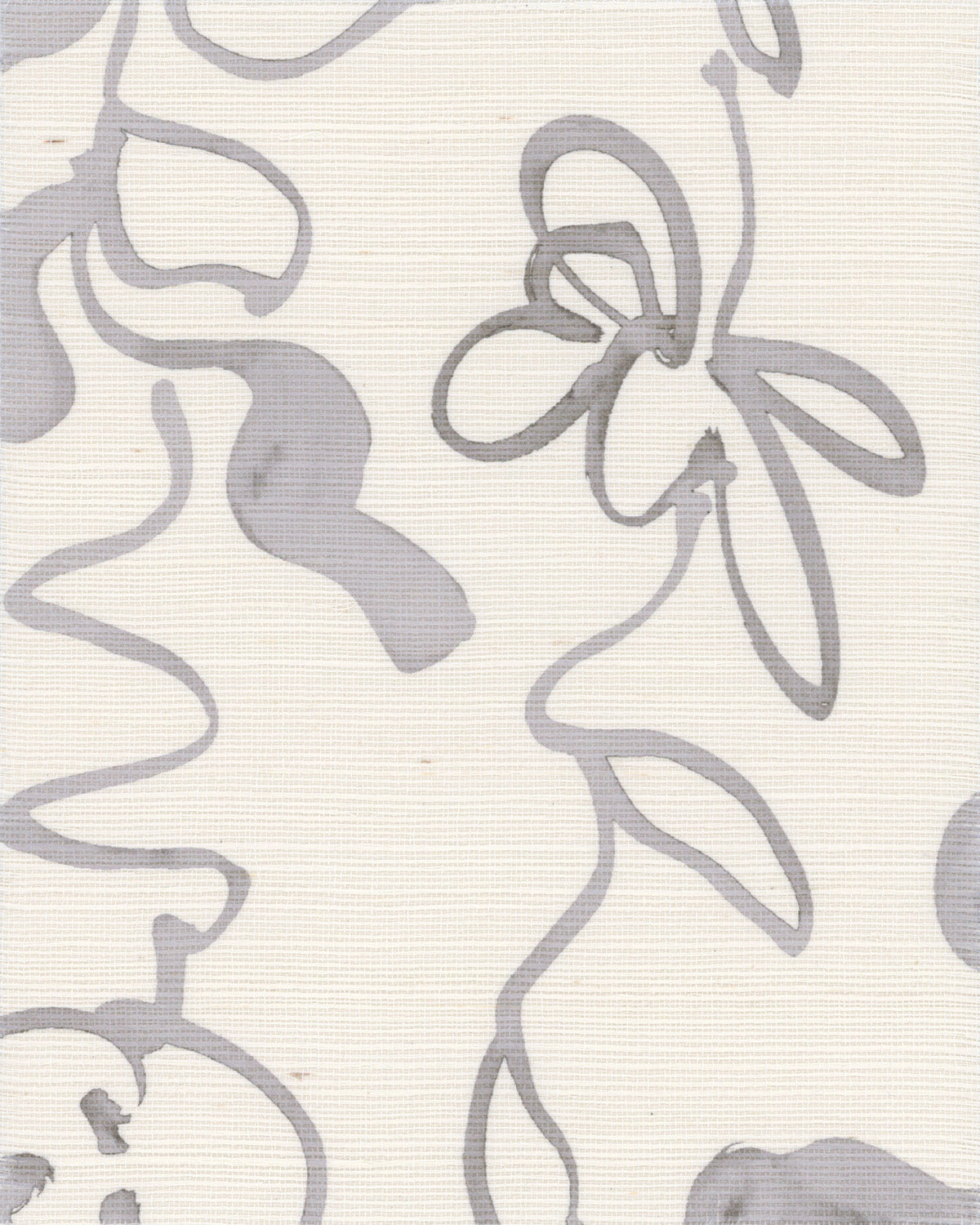 Close-up of grasscloth wallpaper featuring gray floral line drawings on a textured off-white background.