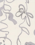 Close-up of grasscloth wallpaper featuring gray floral line drawings on a textured off-white background.