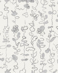 Gray abstract floral stripe wallpaper with delicate hand-drawn botanical elements, featuring vines, leaves, and flowers in a watercolor-like finish.