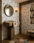 powder bath with blue ribbon wallpaper installation