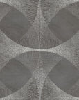 Contemporary wallpaper featuring an dark grey background with abstract, curved geometric shapes outlined by delicate black dot patterns, creating a textured and organic visual effect.
