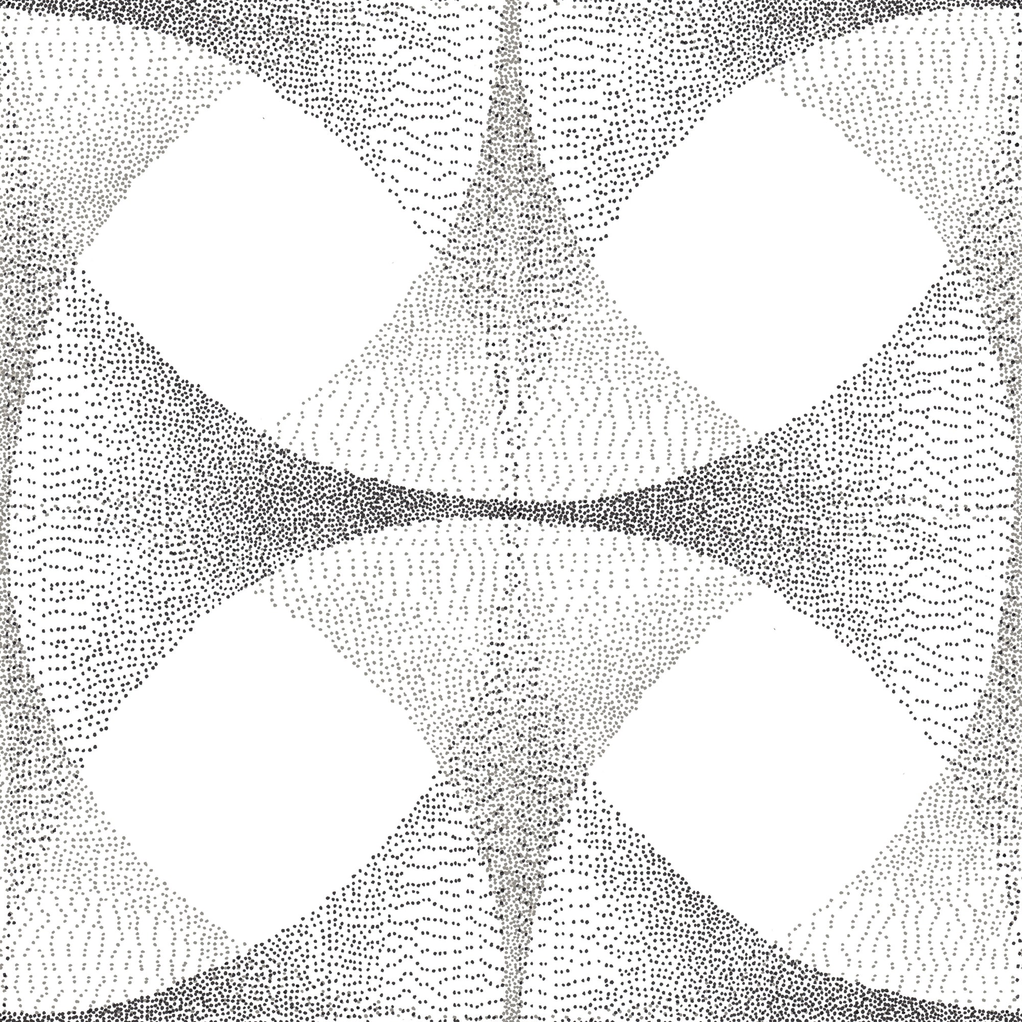 High-contrast black-and-white wallpaper with a complex dot matrix pattern forming geometric curves, lending a minimalist yet dynamic aesthetic.