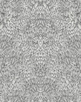 Black and white intricate feather inspired wallpaper pattern, emphasizing fine details and symmetry.