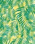Bright yellow wallpaper with vibrant green tropical palm leaves and a wavy, ripple texture for a lively, summery look.