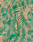 Bold emerald green and warm coral tropical leaf wallpaper with a wavy, distorted effect for a dynamic, modern jungle aesthetic.