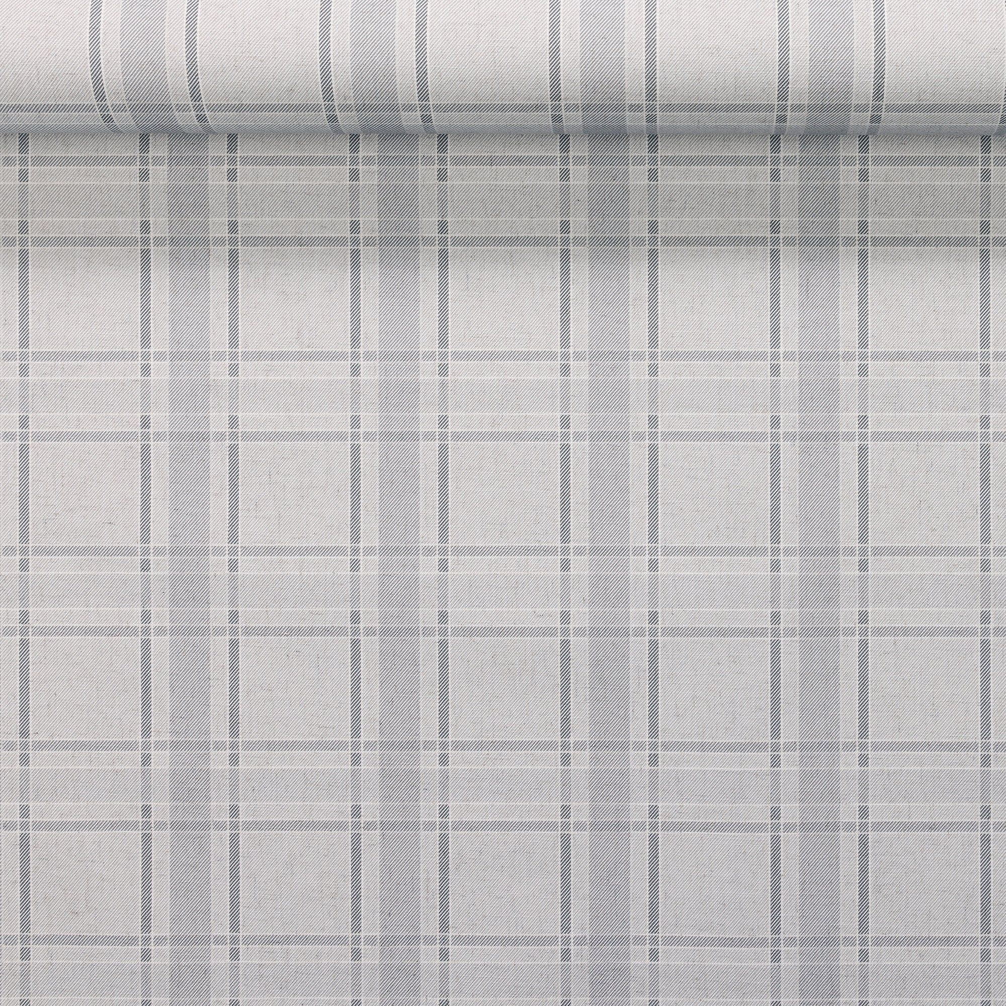 Light grey plaid linen wallpaper with charcoal and white lines, partially unrolled to display the texture and structured grid design.
