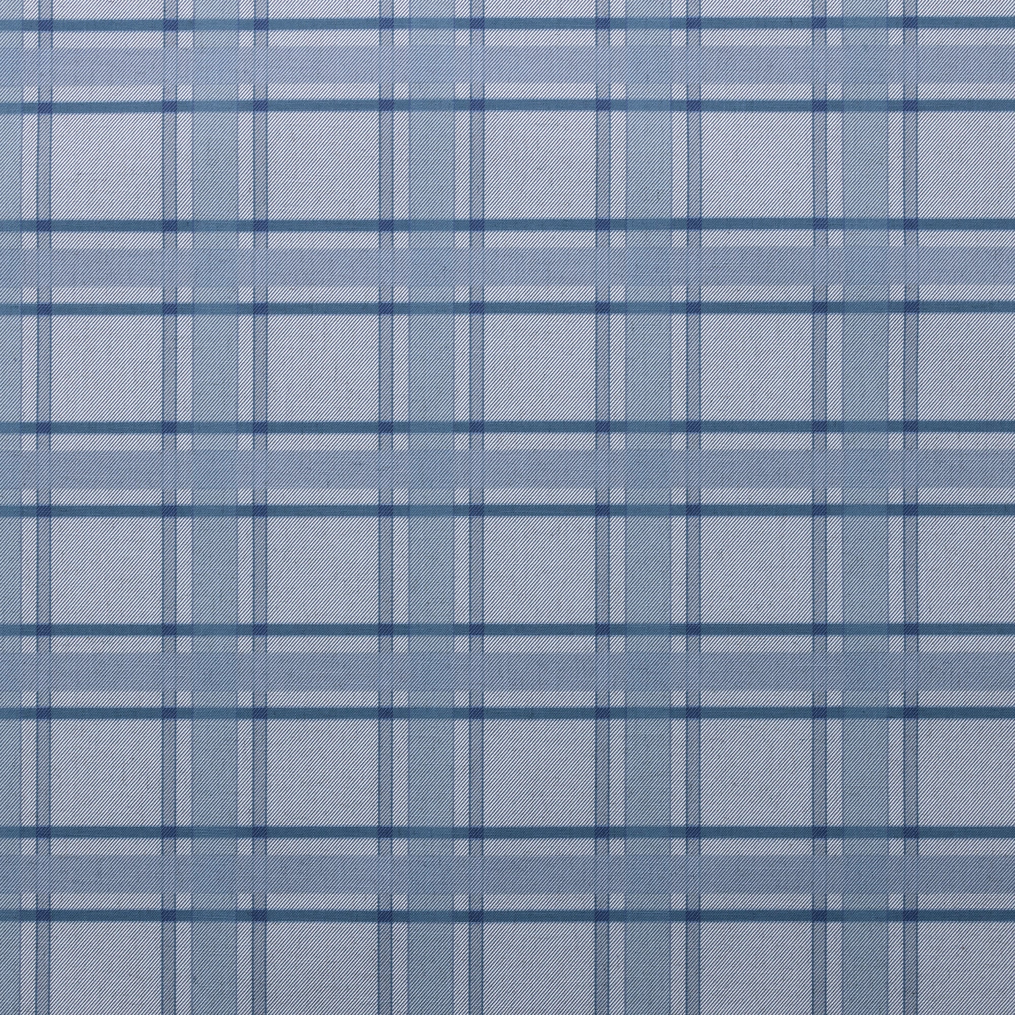 Flat view of blue plaid wallpaper with layered navy, denim, and pale blue gridlines over a linen woven-style background.
