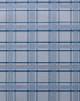 Flat view of blue plaid wallpaper with layered navy, denim, and pale blue gridlines over a linen woven-style background.
