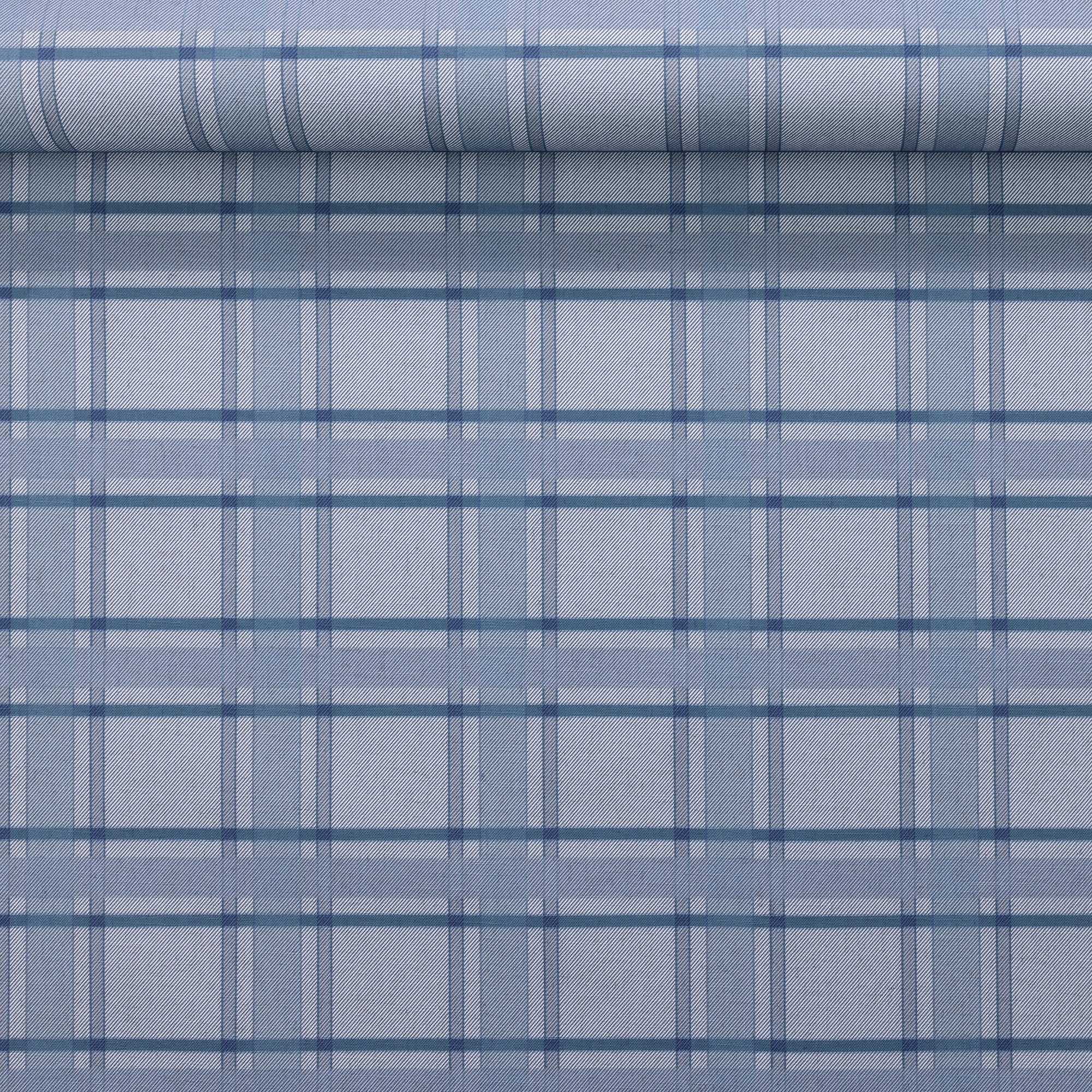Blue plaid wallpaper partially unrolled to display its balanced pattern of intersecting cool-toned lines on a linen textured base.