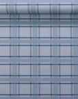 Blue plaid wallpaper partially unrolled to display its balanced pattern of intersecting cool-toned lines on a linen textured base.