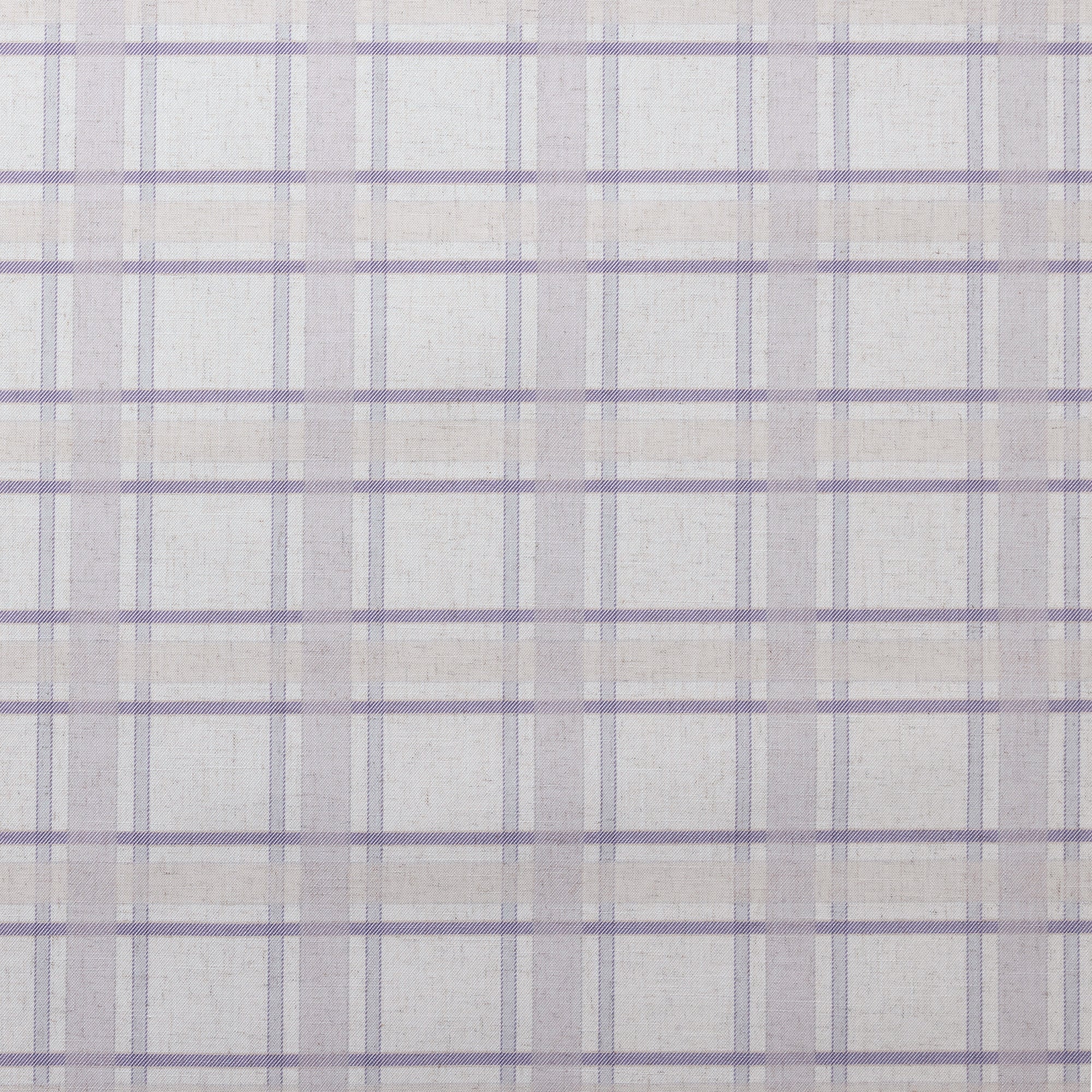 Flat view of pale lavender and cream plaid linen wallpaper with delicate intersecting lines for a refined, fabric-inspired aesthetic.