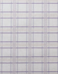 Flat view of pale lavender and cream plaid linen wallpaper with delicate intersecting lines for a refined, fabric-inspired aesthetic.