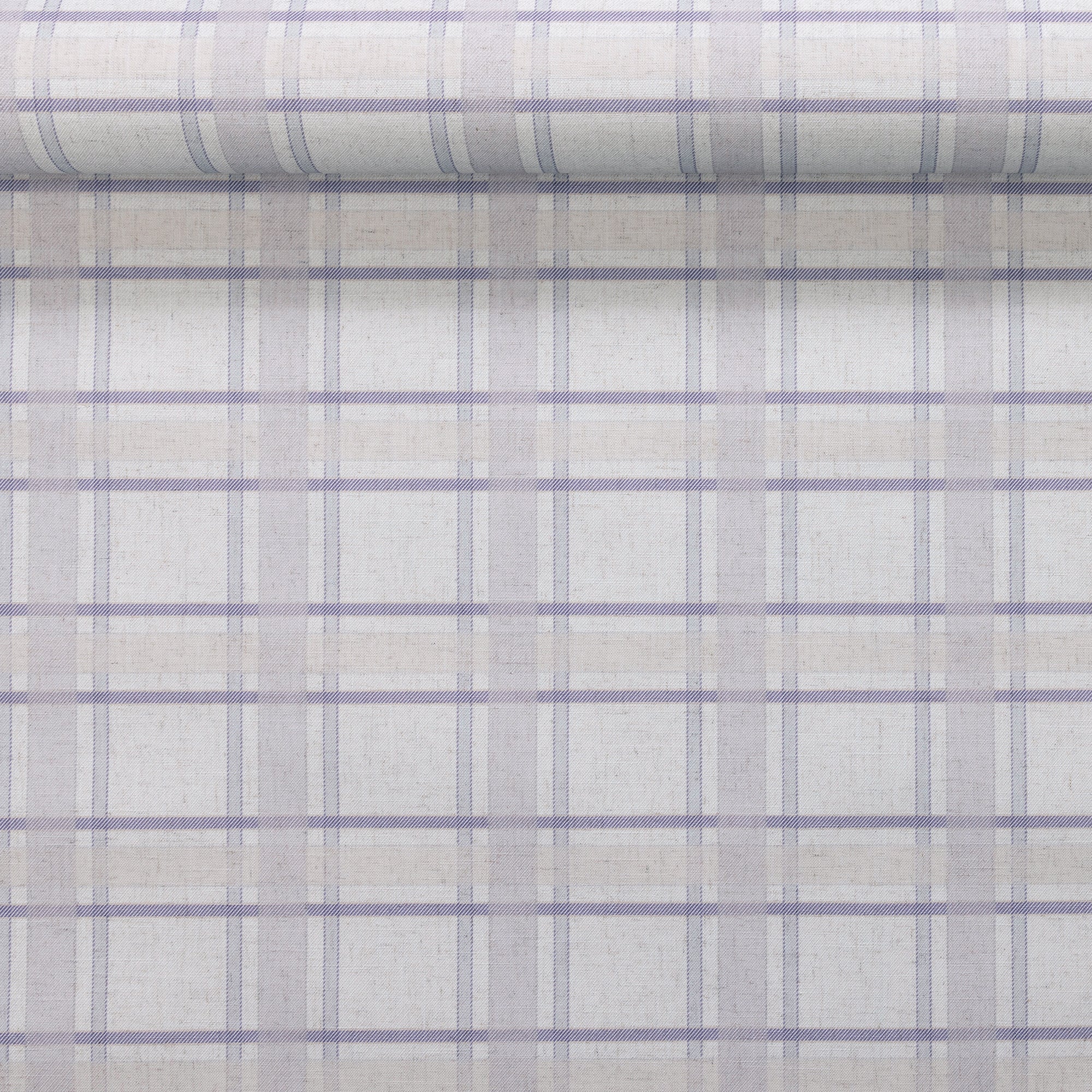 Lavender plaid linen wallpaper partially unrolled to showcase its balanced grid design with cream and taupe tones on a soft-textured base.