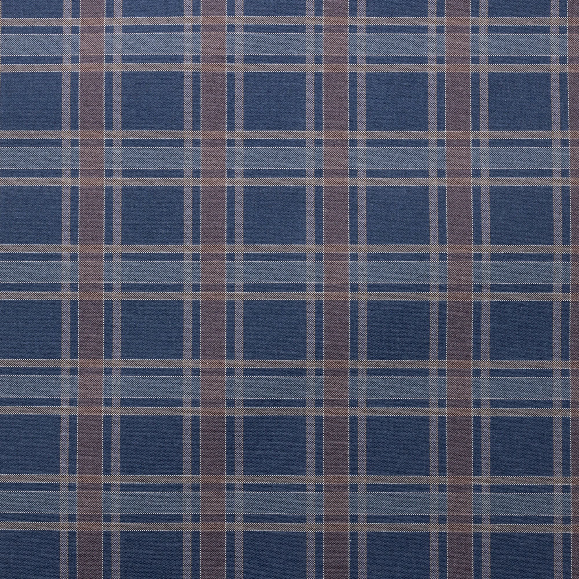 Flat lay of navy plaid wallpaper with layered brown, beige, and soft blue stripes, creating a structured, heritage-inspired linen wallpaper pattern.
