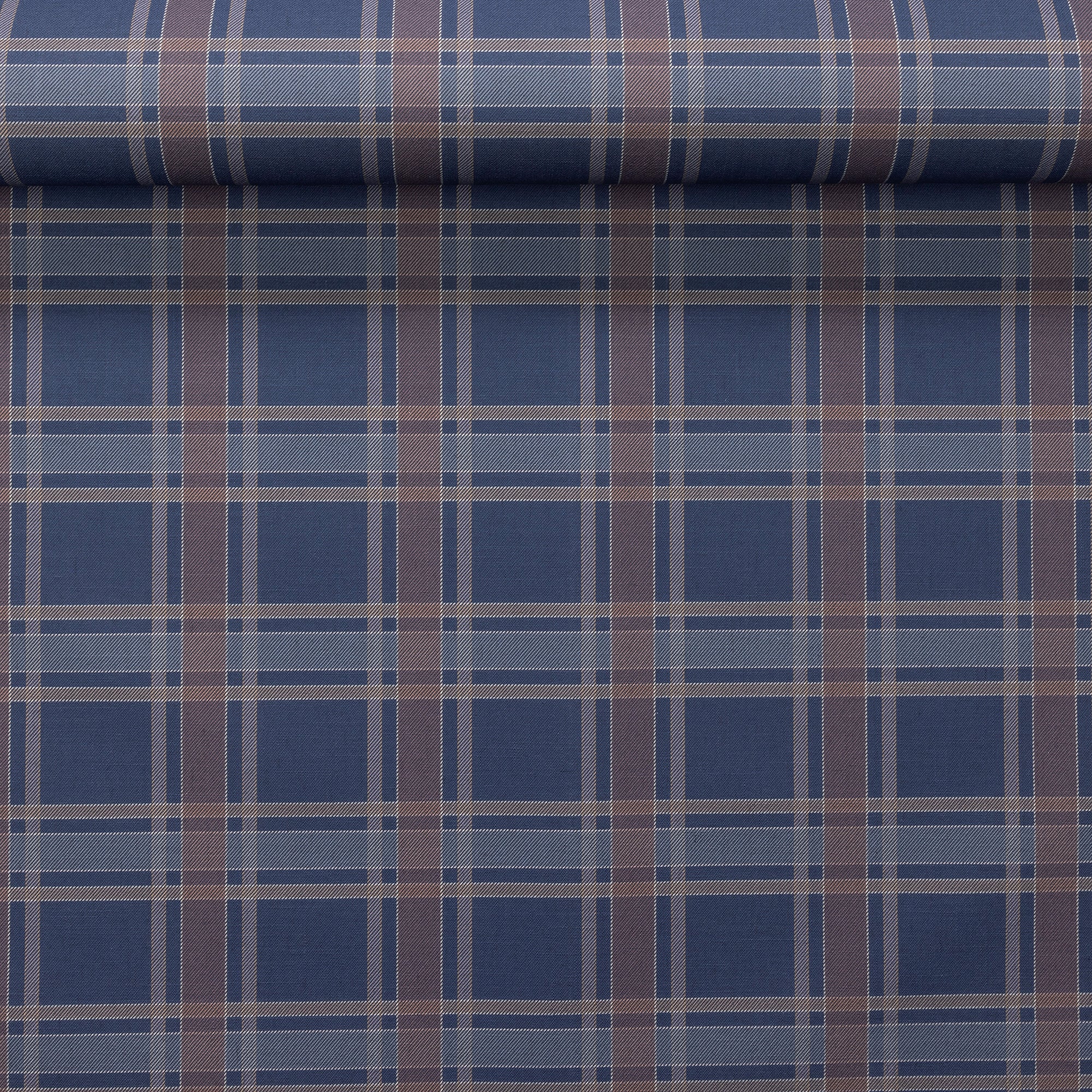 Partially unrolled navy wallpaper with brown and beige plaid grid, highlighting the sharp lines and woven texture of the linen wallpaper.