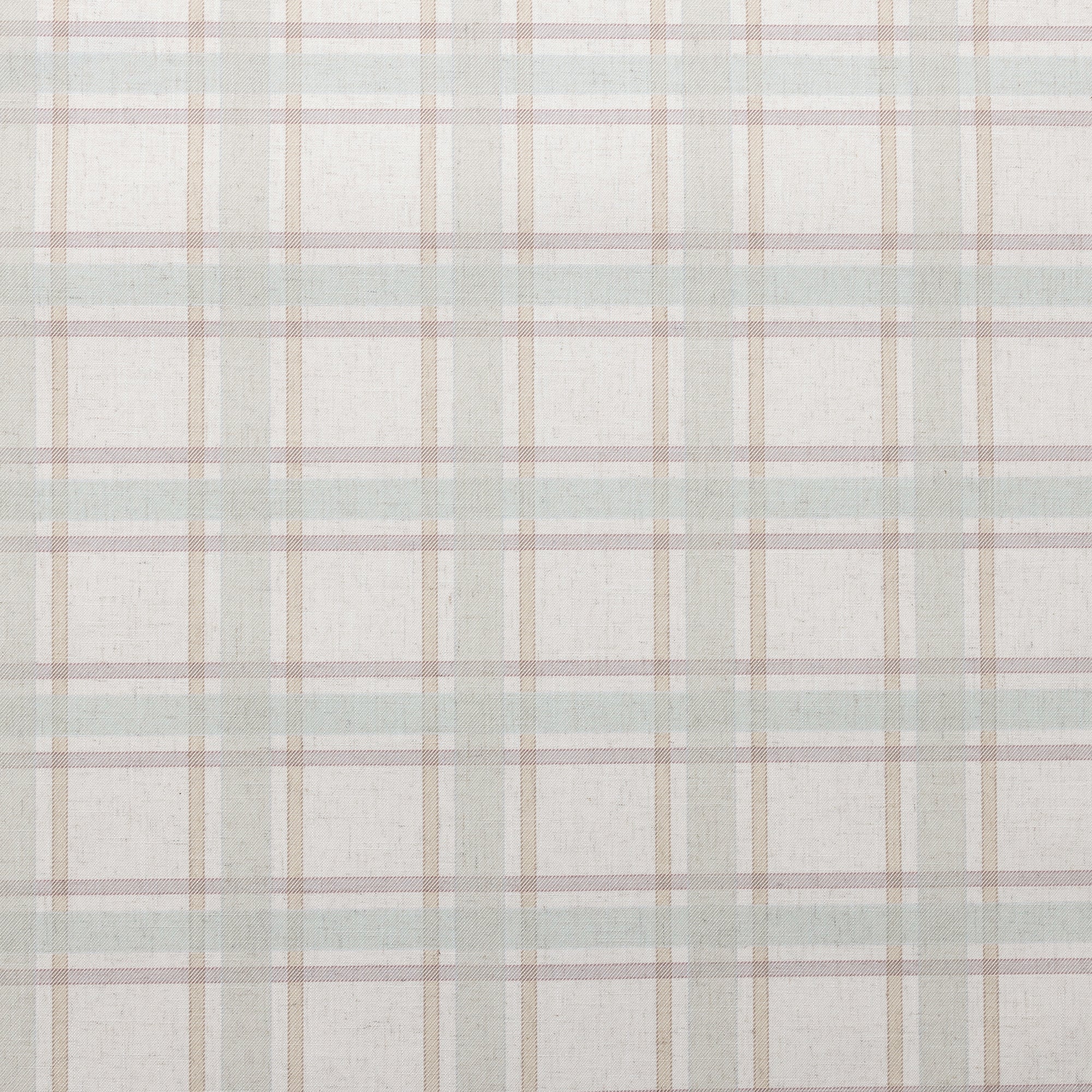 Flat view of pastel plaid wallpaper with intersecting lines in dusty green, beige, and light mauve over a warm off-white linen base.