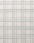 Flat view of pastel plaid wallpaper with intersecting lines in dusty green, beige, and light mauve over a warm off-white linen base.