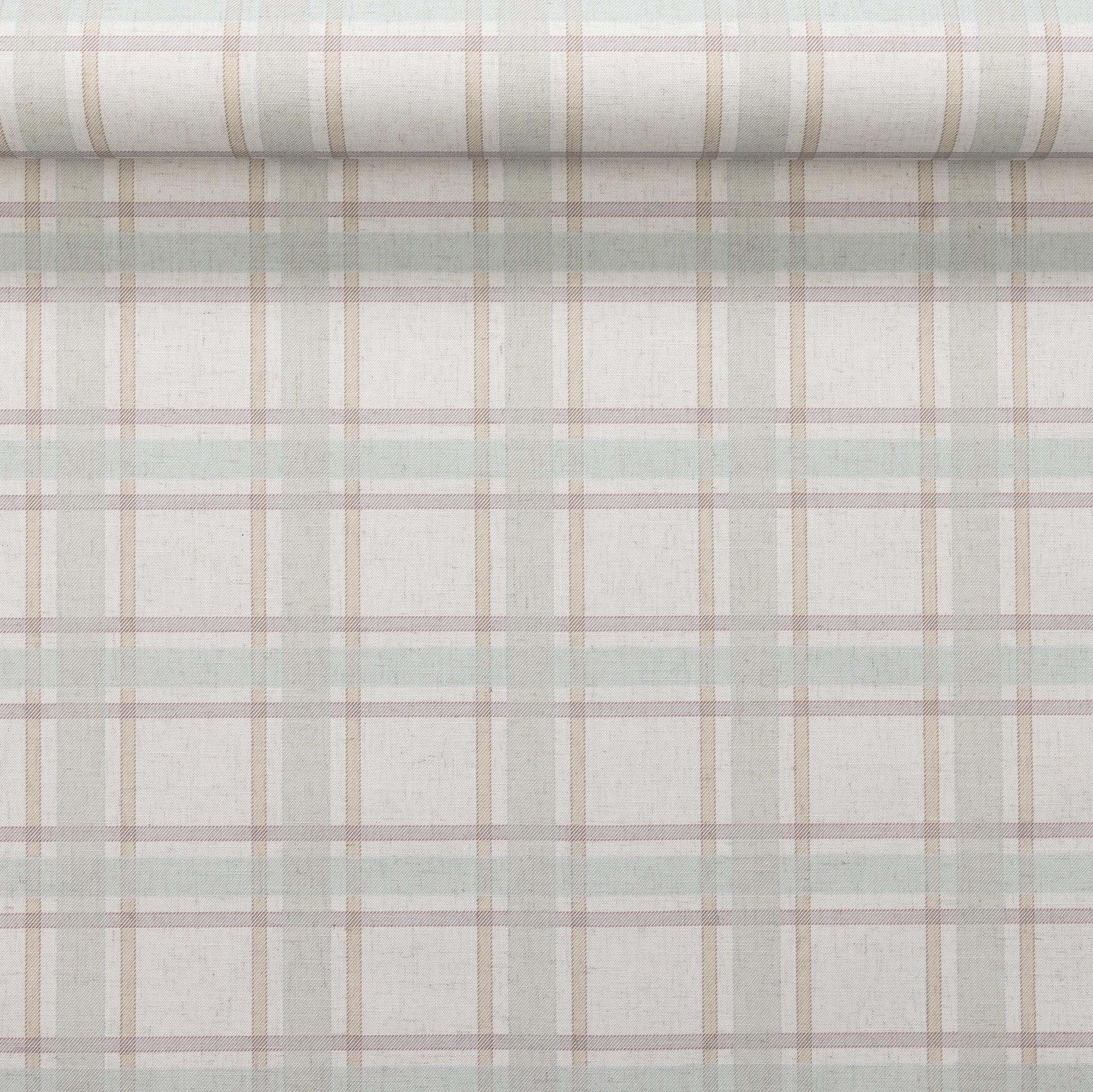 Partially unrolled linen wallpaper showcasing a delicate plaid design in sage, beige, and mauve tones on a soft linen surface