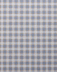 Flat view of vintage-style plaid check wallpaper featuring a repeating pattern in blue and beige on linen.
