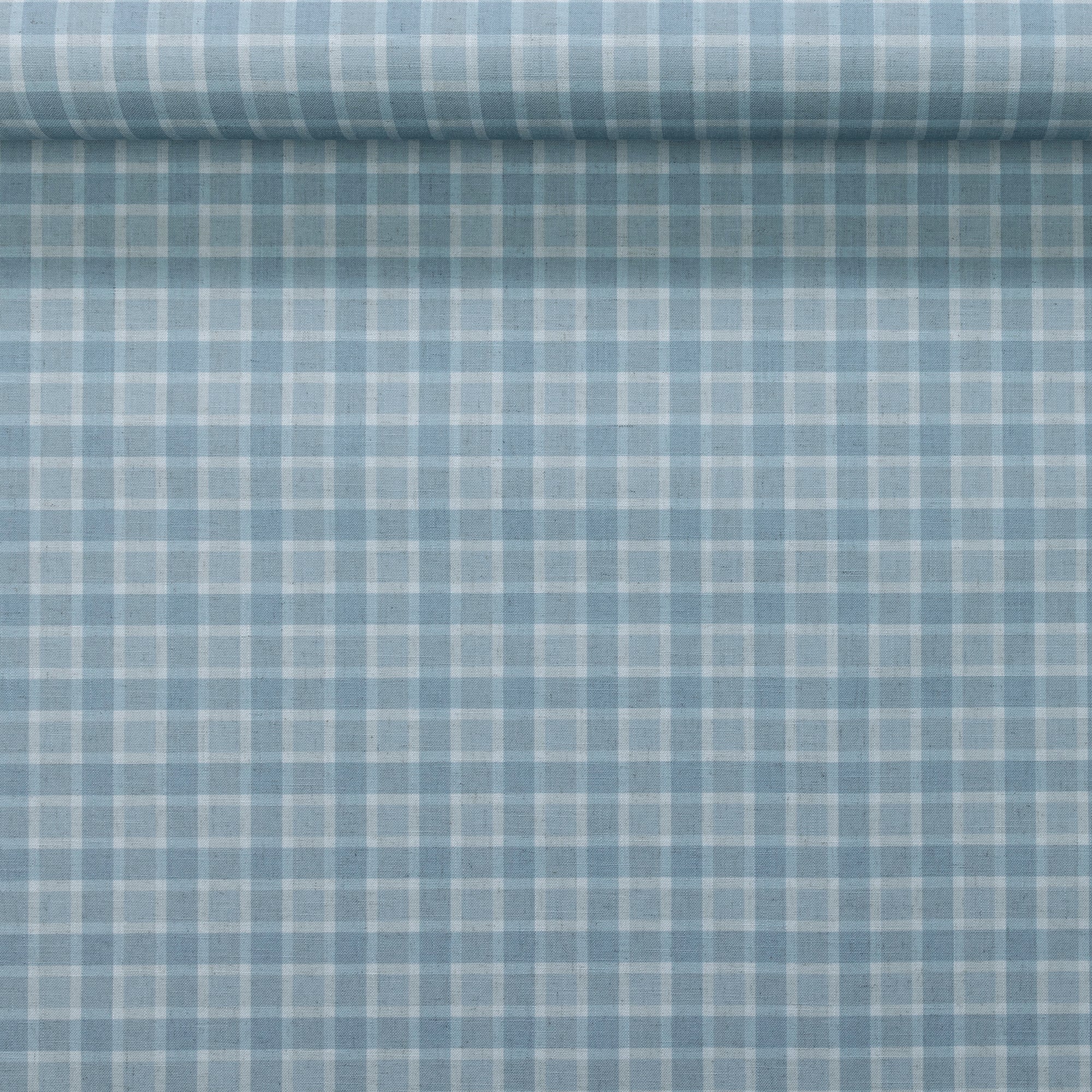 Rolled wallpaper sample highlighting a vintage plaid check pattern in soft blue and white with a natural linen wallpaper.