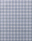 Flat view of linen wallpaper featuring a classic vintage plaid check pattern in periwinkle and white.