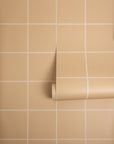 Overlapping rolled wallpaper panel design of a square grid pattern in neutral tones
