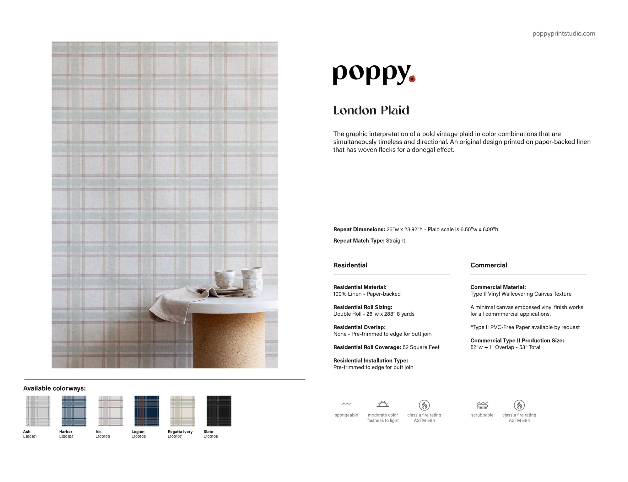 Product detail sheet for Poppy Print Studio's "London Plaid" wallpaper, highlighting a bold, large-scale plaid design in muted pastel tones with an in-situ photo, residential and commercial specs, and colorway options displayed below.