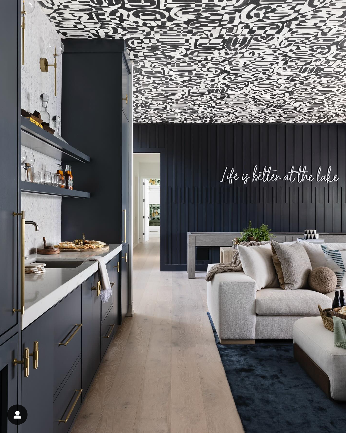 Living Room Wallpapered Ceiling with abstract black and white pattern