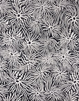 Close-up of black and white wallpaper featuring intricate organic swirls, creating a high-contrast, modern look.