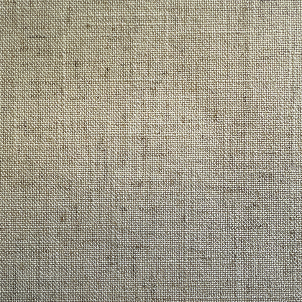 Close-up of natural beige linen wallpaper with visible woven texture and subtle organic fibers for a warm, tactile finish.