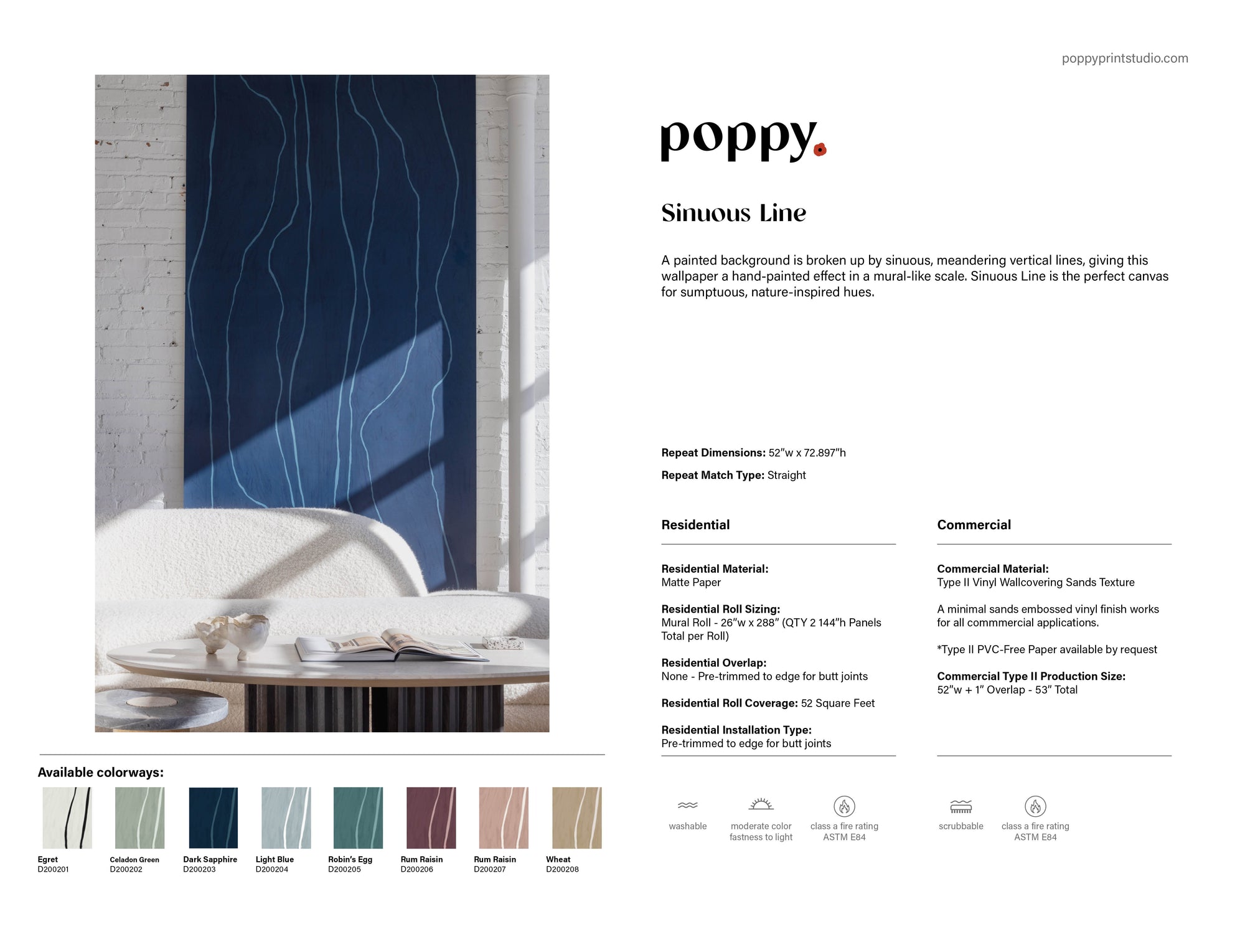 Product information sheet for "Sinuous Line" wallpaper by Poppy, featuring a large navy blue wallpaper with flowing vertical lines in a modern interior, along with details on materials, sizing, and available color options.