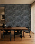 Periwinkle blue hand-sketched foliage commercial wallcovering installed in a dining room