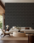 Charcoal stippled geometric commercial wallcovering installed in a modern living room