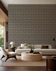 Taupe stippled geometric wallpaper installed in a modern living room