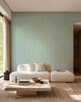 Aqua and white hand-drawn line commercial wallcovering installed in a living room