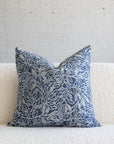 Blue and cream botanical leaf jacquard throw pillow, 20-inch square