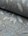 Blue botanical leaf printed linen fabric by the yard, rolled bolt view