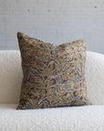 Dark brown with gold and blue botanical leaf jacquard throw pillow, 20-inch square