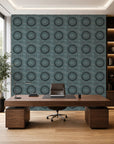 Aqua stippled circle commercial wallcovering installed in a home office