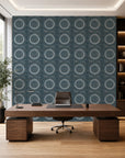 Deep teal stippled circle wallpaper installed in a home office