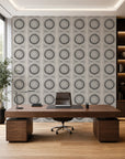 Off-white and black stippled circle commercial wallcovering installed in a home office