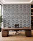 Light gray stippled circle commercial wallcovering installed in a home office