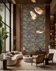 Green and purple fruit and floral botanical commercial wallcovering installed in a double-height lounge