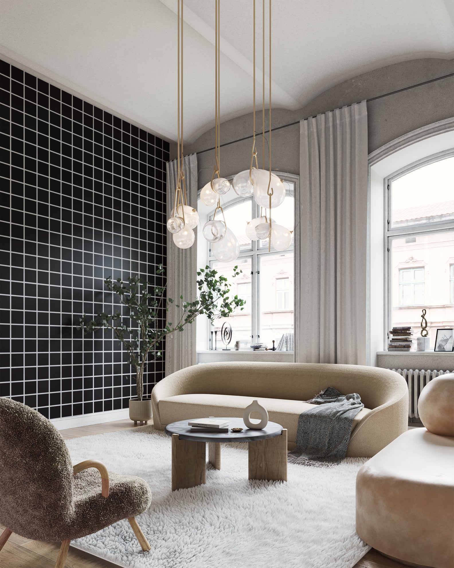 Modern living room with a white and black square grid patterned wallpaper, curved beige sofa, plush accent chair, and sculptural pendant lighting, creating a contemporary and elegant ambiance.