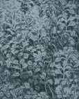 Blue wallpaper with an intricate botanical sketch in black, creating a rich and moody ambiance.