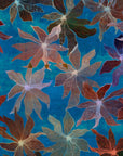 Abstract patterned blue floral wallpaper with overlapping multicolored flowers, creating a layered and textured effect.