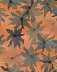 Orange wallpaper with abstract floral patterns in dark blue and muted green tones, featuring layered, textured details for a warm, organic look.