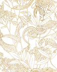 A wallpaper design featuring a botanical and snake motif gold, with detailed leaves and flowers on a white background.