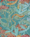 vibrant wallpaper design featuring a botanical and snake motif in teal, red, and gold, with detailed leaves and flowers on a richly colored background.